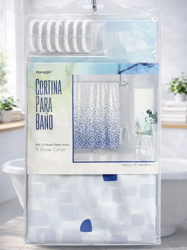 Cortina P/ Baño 180x180cm. Blanco con motas.