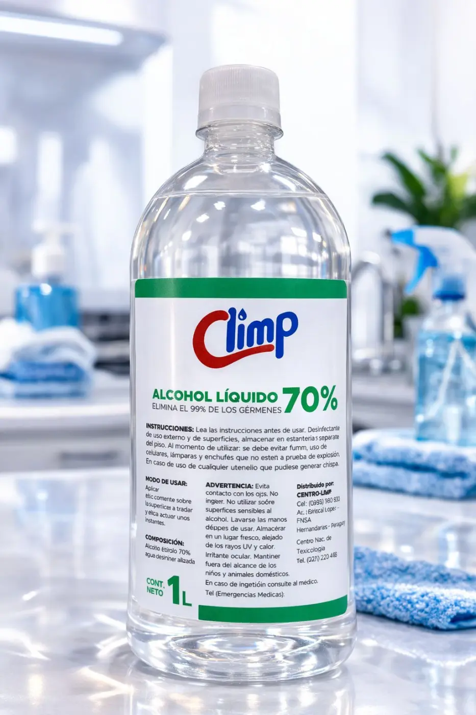 Alcohol Liquido al 70%, 1L. Climp